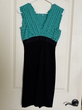 Teal and Black Ruffle V-Neck Sheath Dress